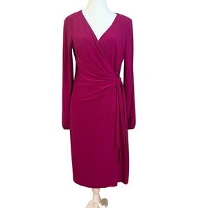 Lauren Ralph Lauren Faux Wrap Dress Women 10 Pink Magenta Long Sleeve Ruched Tie